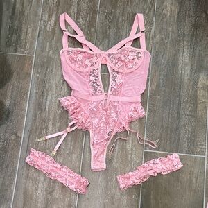 Elegant Pink Lace Chemise with Garter Straps
